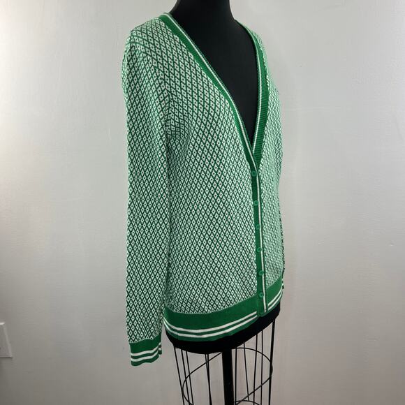 LE TIGRE Green White Diamond Print Cotton V-Neck Button Down Cardigan Sweater XL - Picture 6 of 11